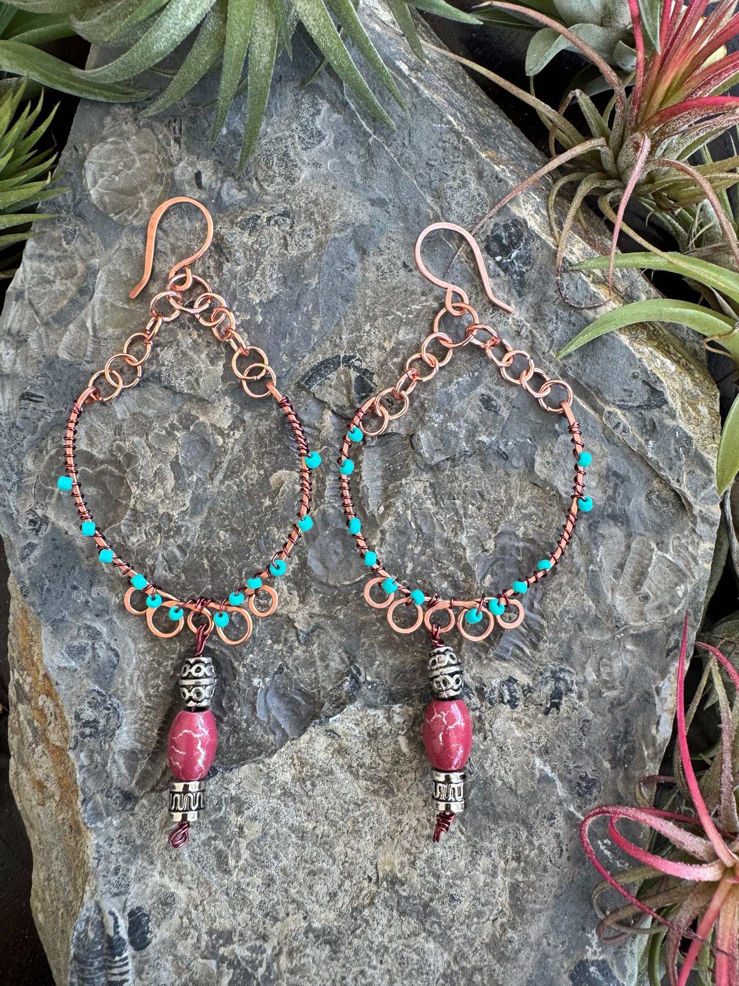 Copper hoop earrings with beads