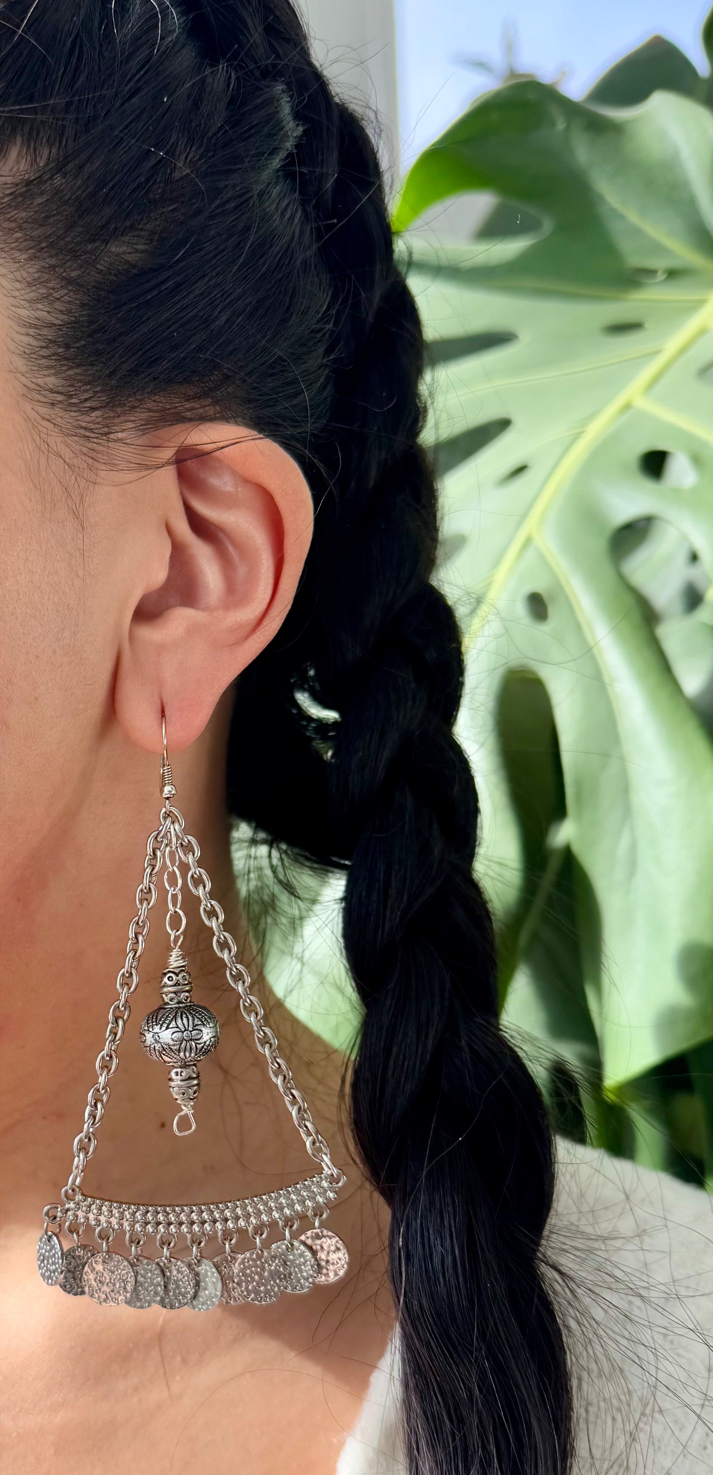 Large silver earrings with silver center beads