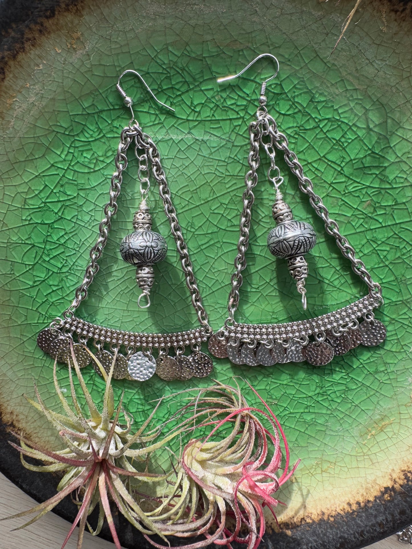 Large silver earrings with silver center beads