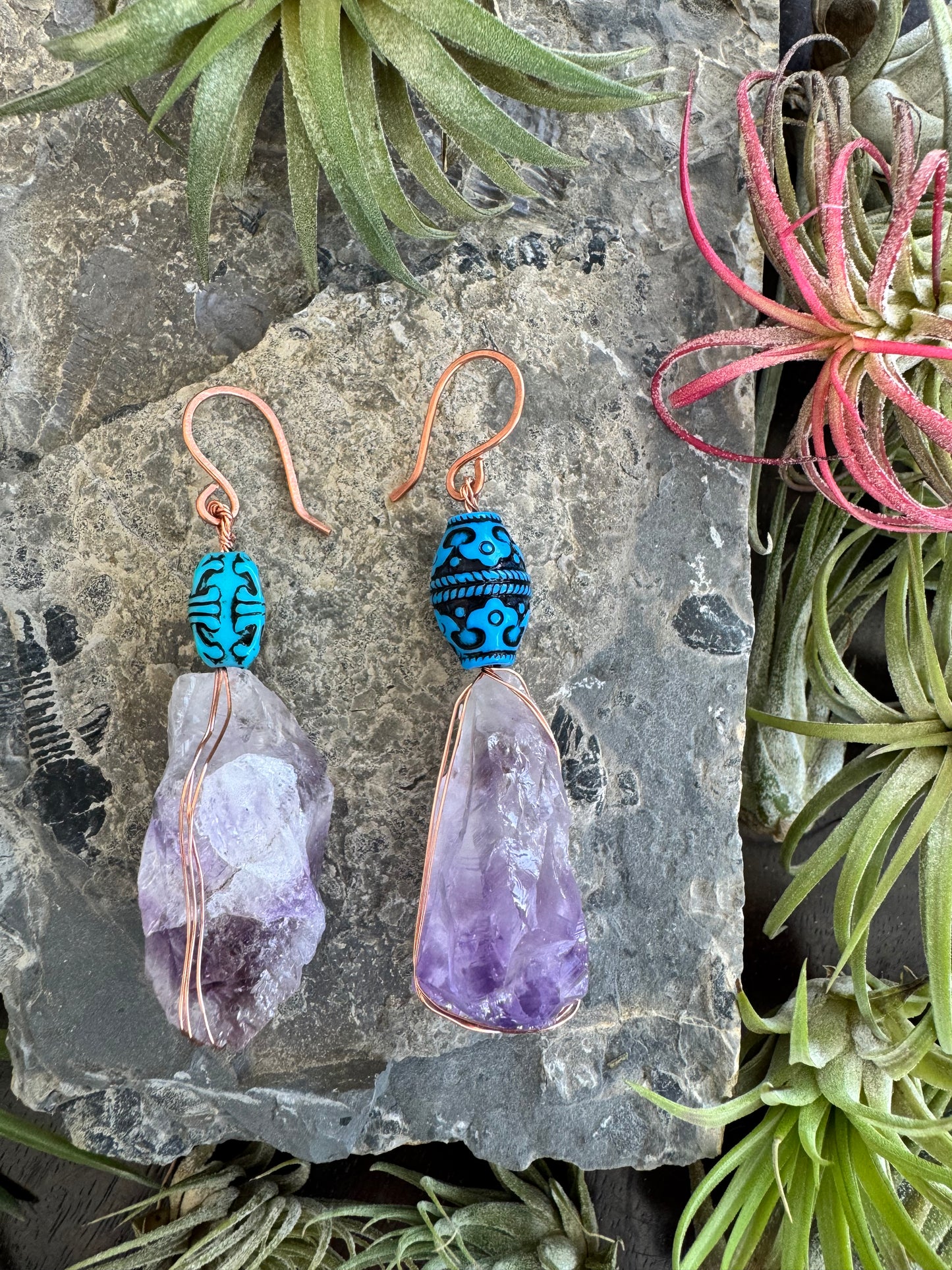 Amethyst ear hangers with mismatched beads