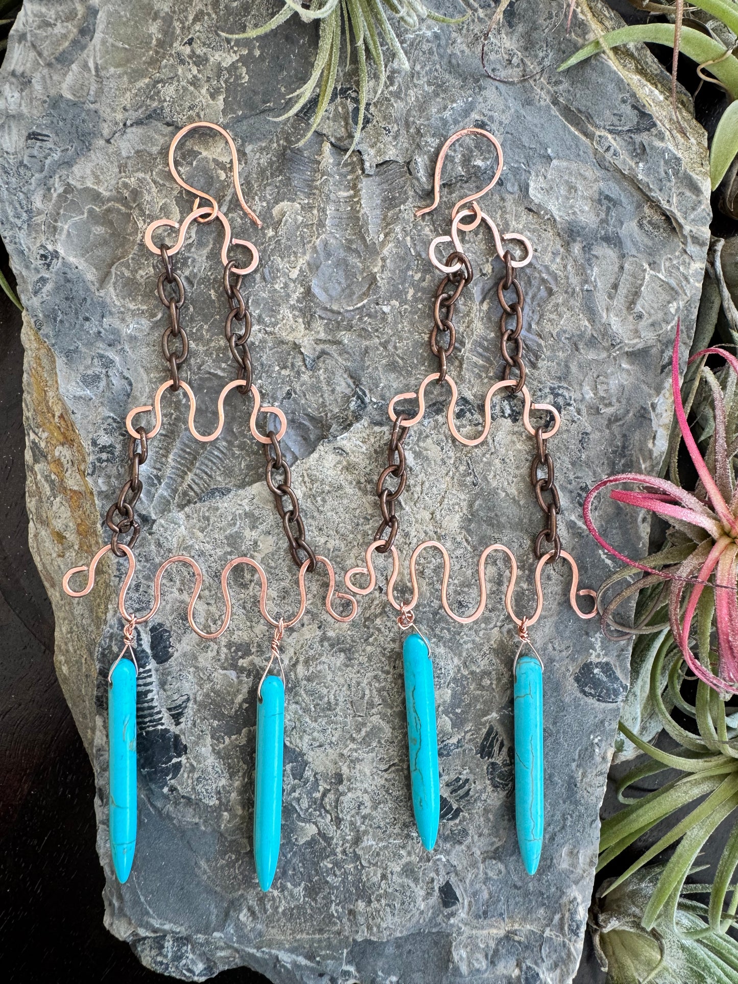 Tiered copper earrings with turquoise beads