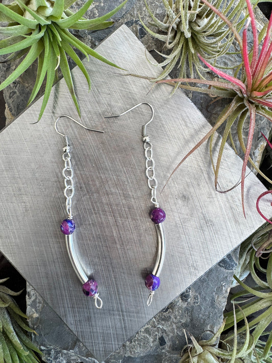 Silver earrings with curved and purple beads