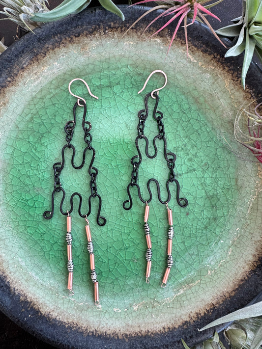 Tiered black wire earrings with copper beads