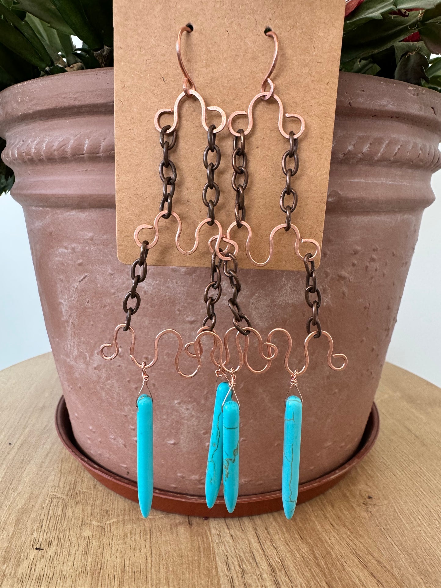 Tiered copper earrings with turquoise beads