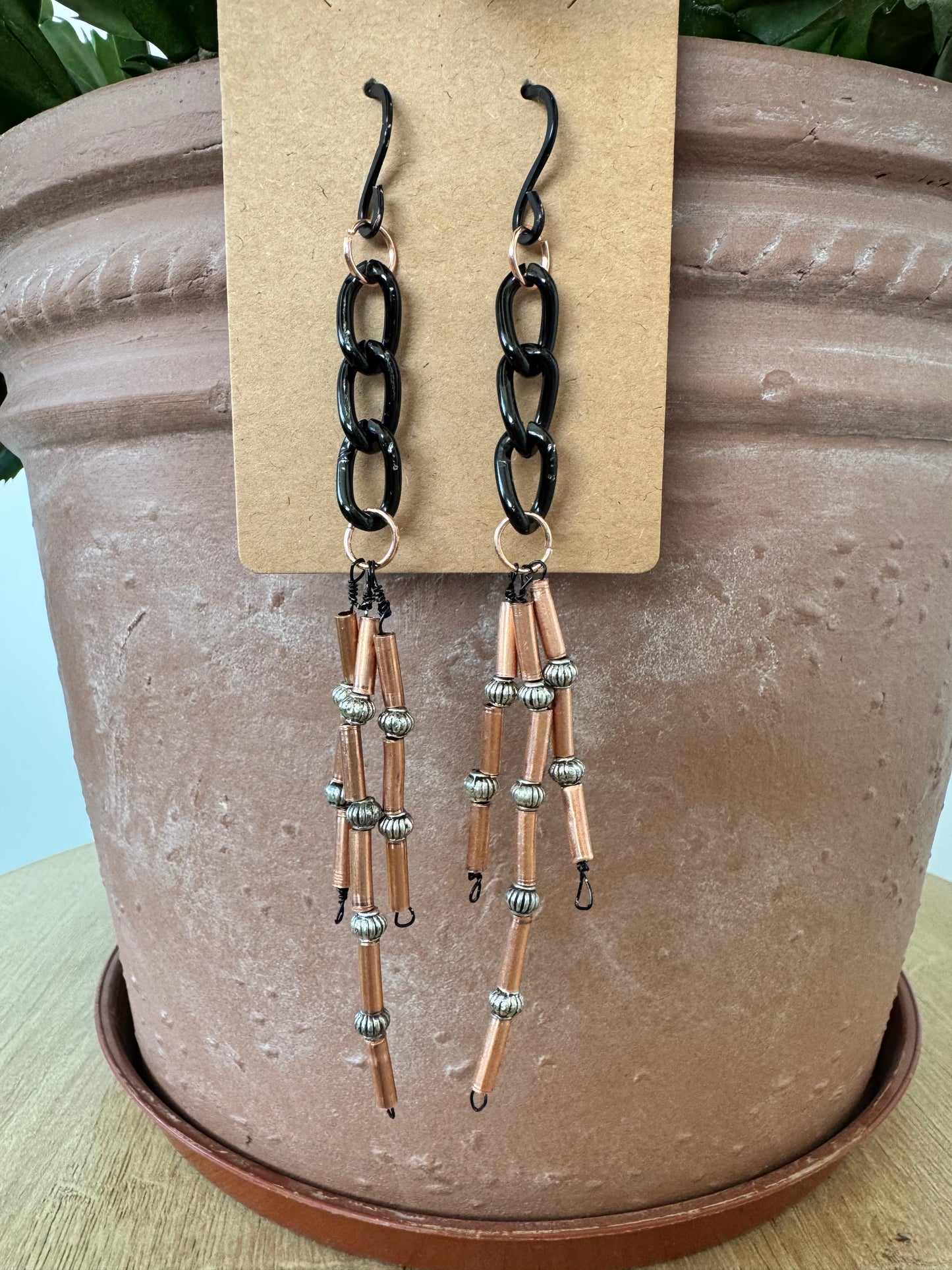 Black chain earrings with copper breads